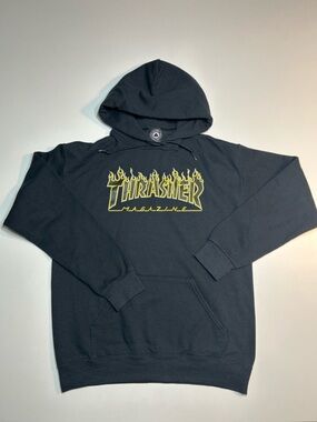 Thrasher Magazine Flame Logo Pullover Hoodie Black Yellow Skate Streetwear